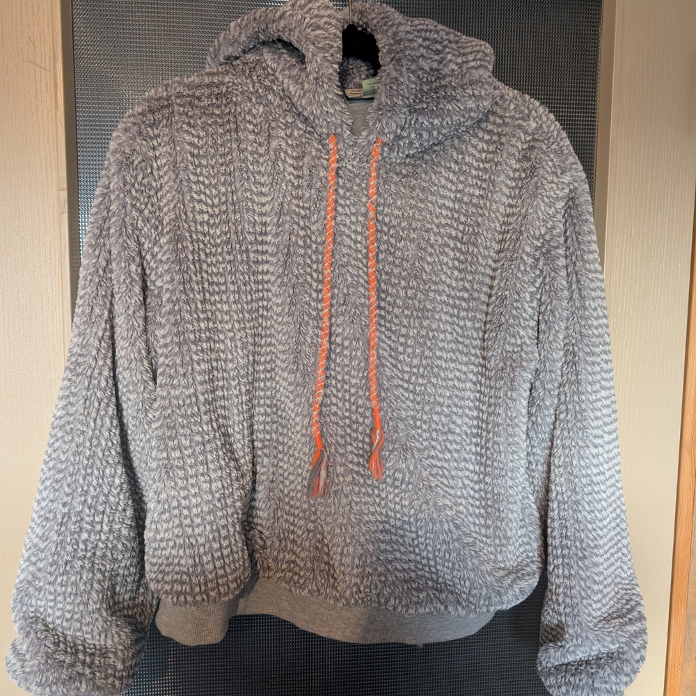 Cozy Gray Hooded Sweater with Orange Drawstrings